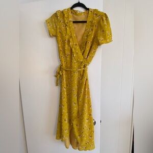Chic Mustard Floral Wrap Dress